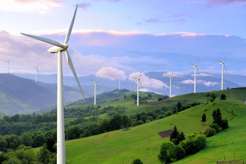 wind turbines in rolling hills